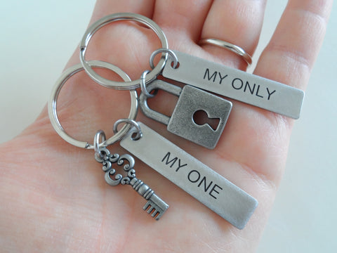 Custom Engraved Tag Keychains with Lock and Key Charms - You've Got the Key to My Heart; Couples Keychain Set