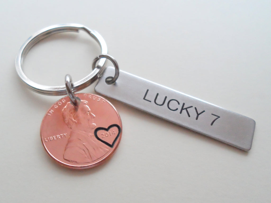 2015 Penny Keychain with Steel Tag Engraved with "Lucky 7", Couples 7 Year Anniversary Keychain