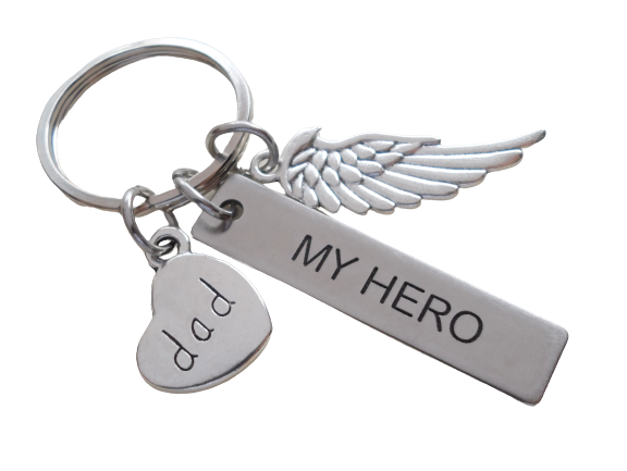 Custom Memorial Keychain with Wing Charm, My Hero Tag Charm, and Heart Charm, Loss Gift, Remembrance Gift Keychain