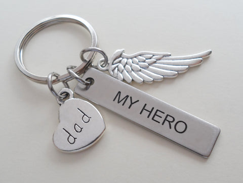 Custom Memorial Keychain with Wing Charm, My Hero Tag Charm, and Heart Charm, Loss Gift, Remembrance Gift Keychain