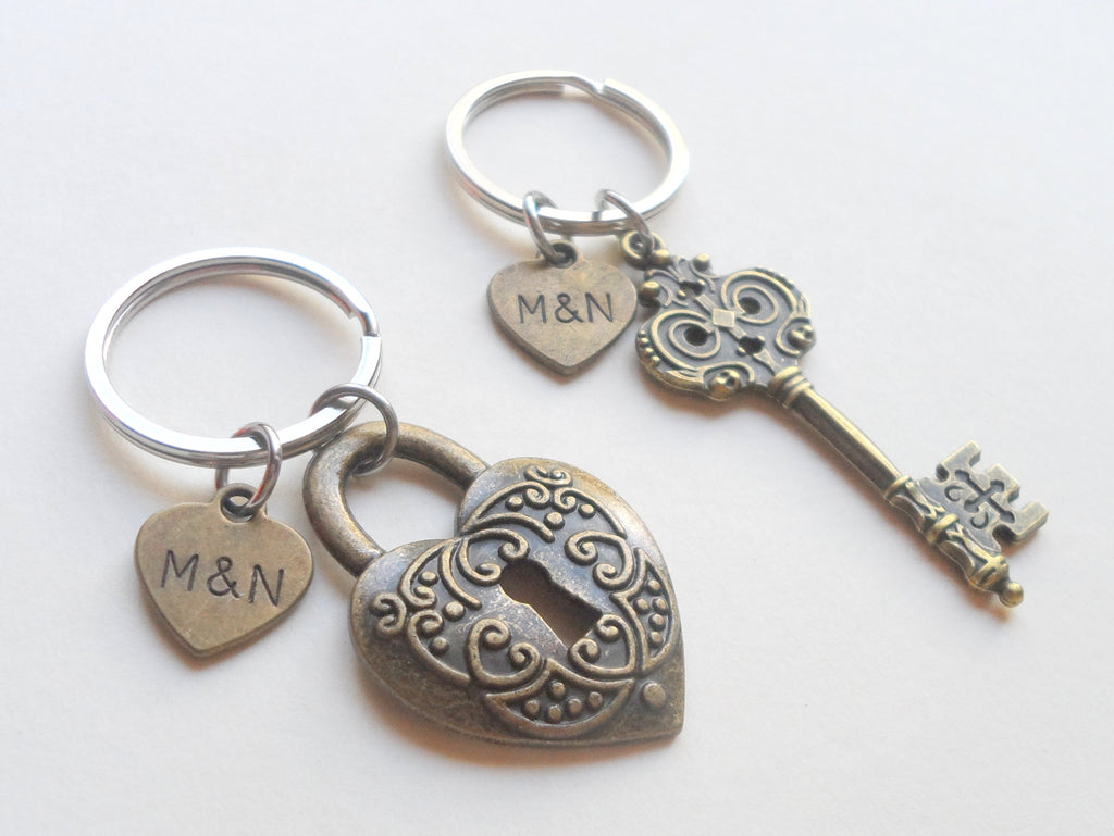 Large Bronze Key and Heart Lock Keychain Set- You've Got The Key To My Heart; 8 Year Anniversary Gift, Couples Keychain Set, Custom Engraved Option