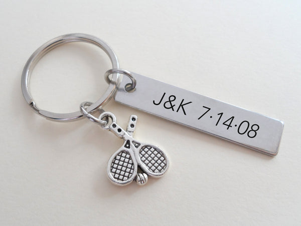 Tennis Charm Keychain and Steel Tag Custom Engraved, Couples Keychain Gift