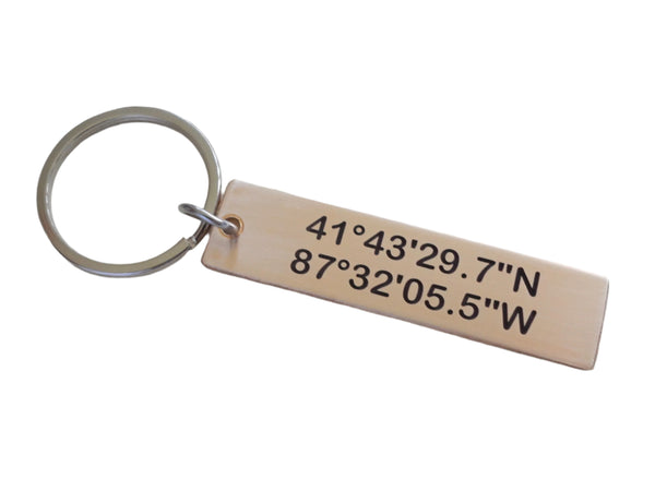 Bronze Keychain with Custom Engraved Location Coordinates, Personalized Anniversary Gift