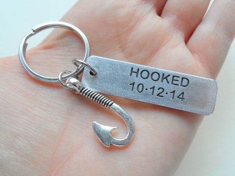 Anniversary Gift • Personalized "Hooked" w/ Anniversary Date Engraved on Aluminum Tag & Fish Hook Charm Keychain, Backside Options
