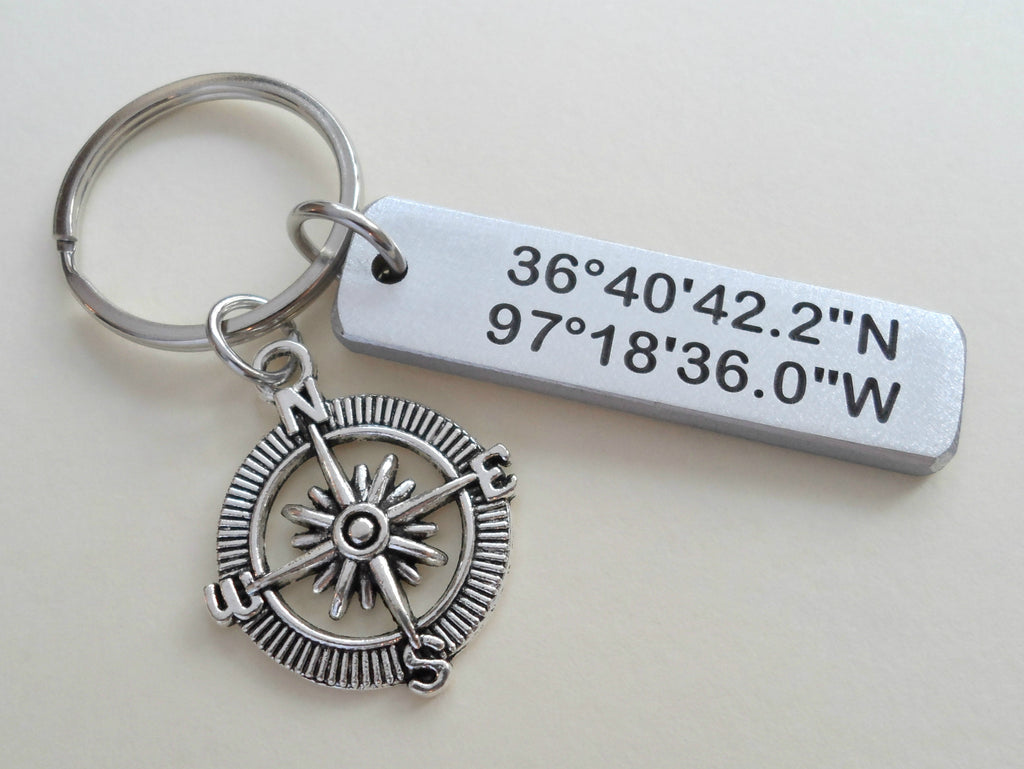 Custom Engraved Aluminum Keychain, With Compass Charm, GPS Keychain, Latitude Longitude Coordinates Keychain