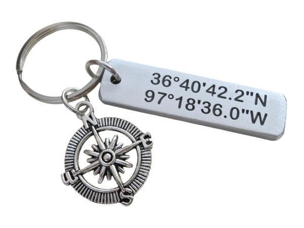 Custom Engraved Aluminum Keychain, With Compass Charm, GPS Keychain, Latitude Longitude Coordinates Keychain