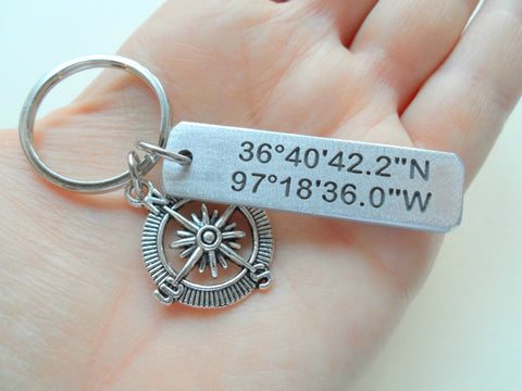 Custom Engraved Aluminum Keychain, With Compass Charm, GPS Keychain, Latitude Longitude Coordinates Keychain