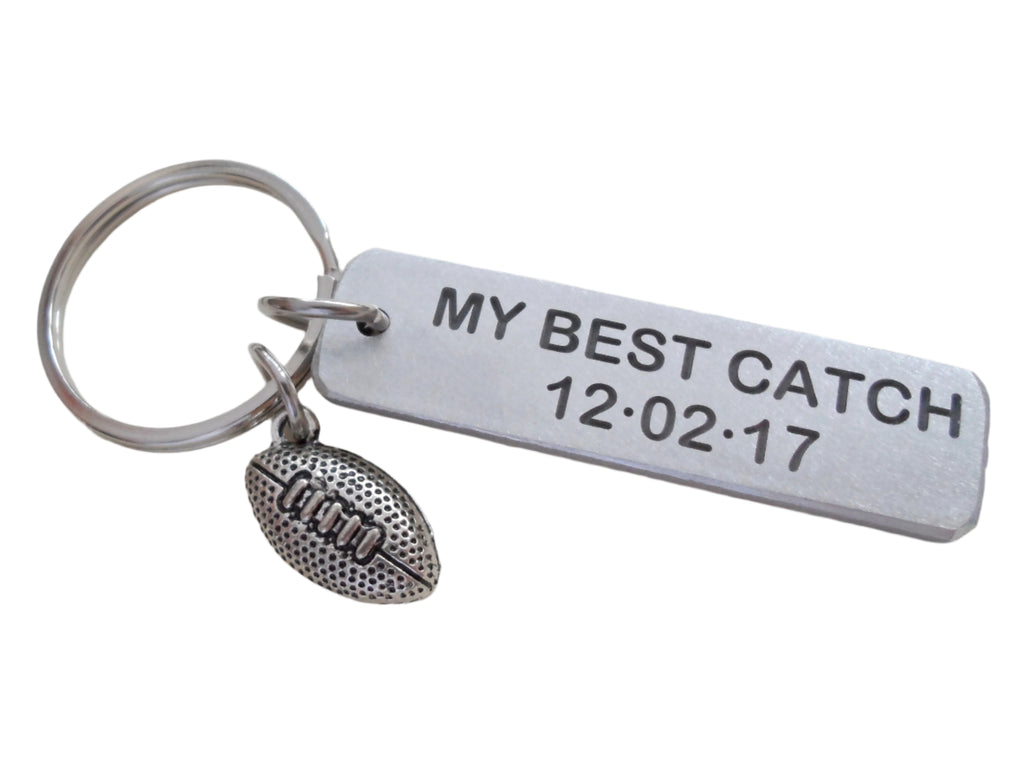 Custom Engraved Aluminum Keychain Tag with Football Charm; Couples Keychain