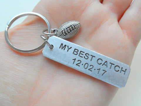 Custom Engraved Aluminum Keychain Tag with Football Charm; Couples Keychain