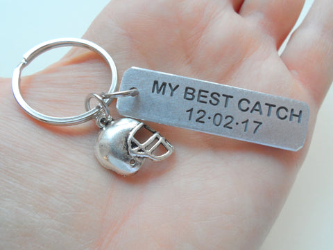 Custom Engraved Aluminum Keychain Tag with Football Helmet Charm; Couples Keychain