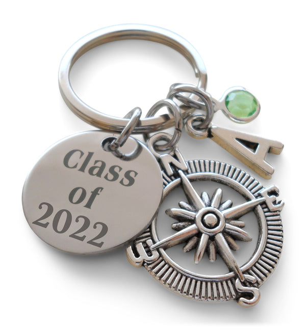 Custom Graduation Compass Charm Keychain with Class of 2024 Disc Charm, Personalized Graduate Keychain, Gift for Graduate