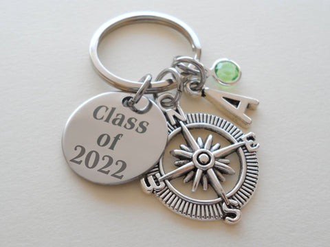 Custom Graduation Compass Charm Keychain with Class of 2024 Disc Charm, Personalized Graduate Keychain, Gift for Graduate