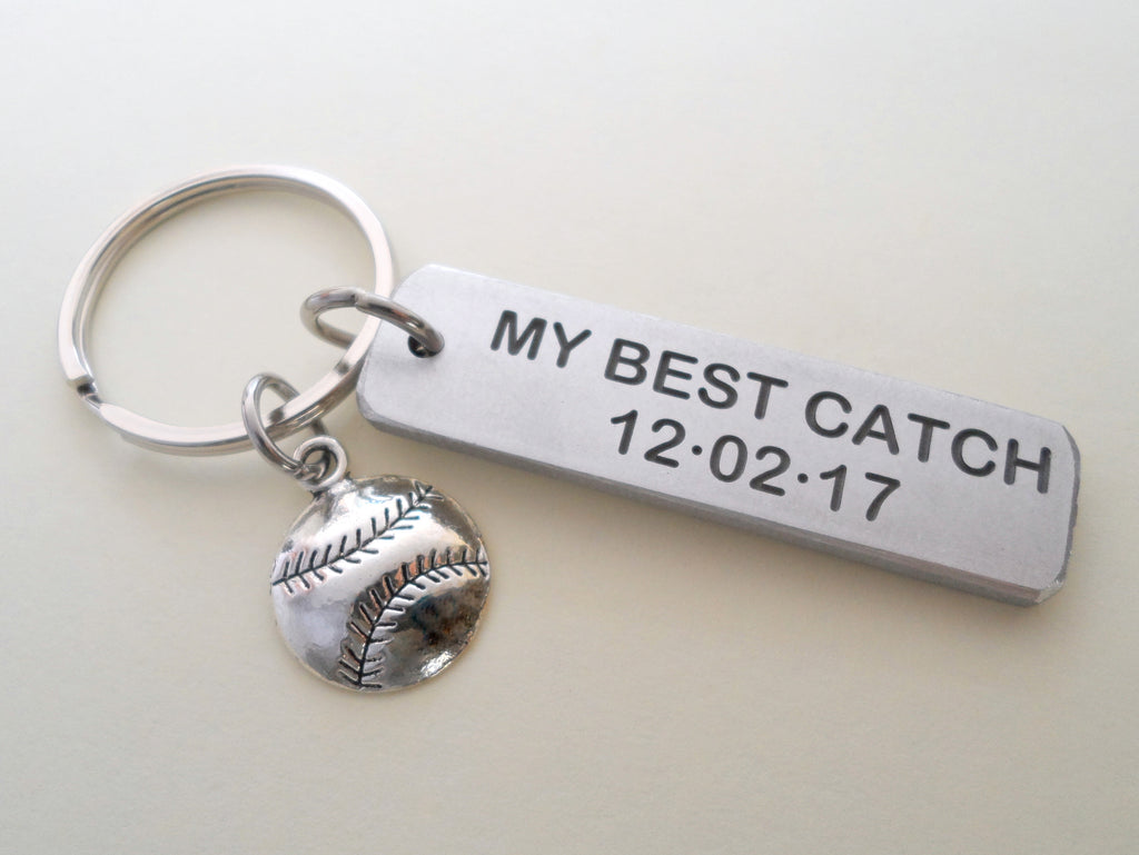 Personalized "My Best Catch" Engraved Aluminum Tag Keychain and Softball Baseball Charm Keychain; Couples Keychain