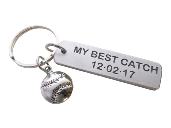 Personalized "My Best Catch" Engraved Aluminum Tag Keychain and Softball Baseball Charm Keychain; Couples Keychain