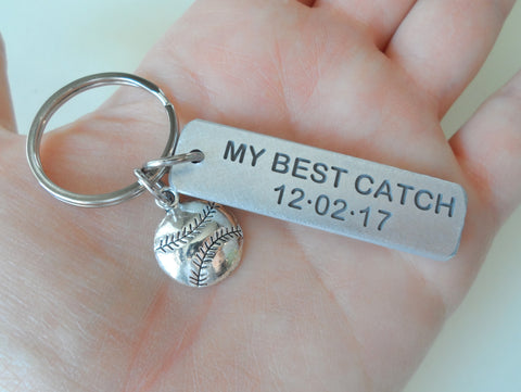 Personalized "My Best Catch" Engraved Aluminum Tag Keychain and Softball Baseball Charm Keychain; Couples Keychain