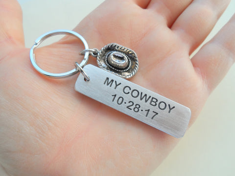 Custom Engraved Aluminum Tag Keychain with Cowboy Hat Charm Keychain; Couples Keychain