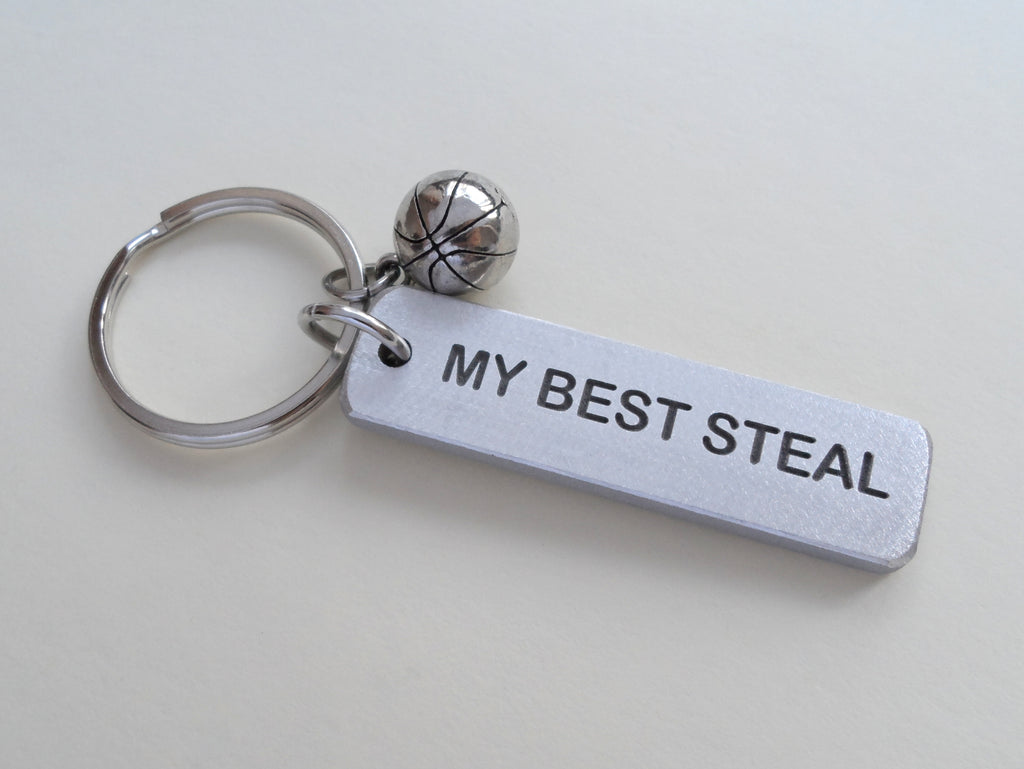 Basketball "My Best Steal" Engraved on Aluminum Tag Keychain and Basketball Charm Keychain; Couples Keychain, Personalized Option