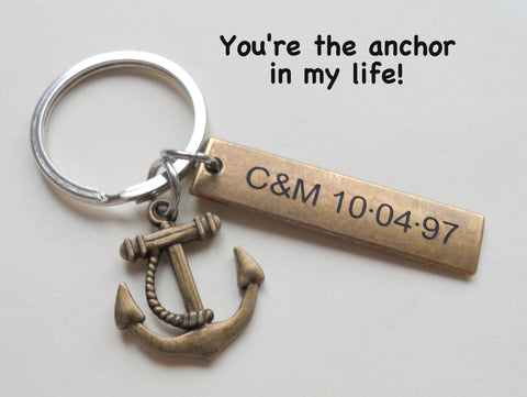 Personalized Bronze Anchor Keychain with Custom Engraved Tag; Couples Keychain