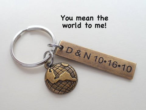 Bronze World Globe Keychain - You Mean The World To Me; 8 Year Anniversary Gift, Couples Keychain