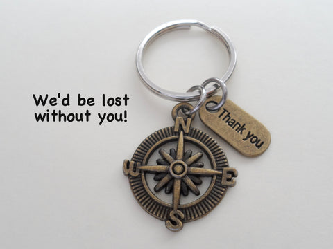 Employee Appreciation Gifts • "Thank You" Tag & Bronze Compass Keychain by JewelryEveryday w/ "We'd be lost with out you!" Card
