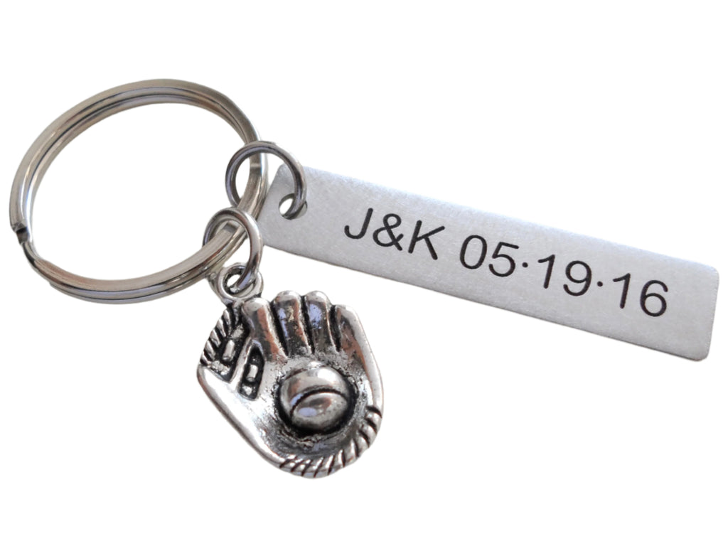 Baseball Mitt Charm Keychain and Steel Tag Custom Engraved, Softball Keychain Gift