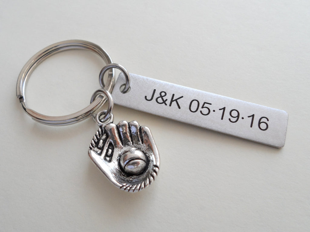 Baseball Mitt Charm Keychain and Steel Tag Custom Engraved, Softball Keychain Gift