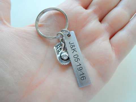 Baseball Mitt Charm Keychain and Steel Tag Custom Engraved, Softball Keychain Gift