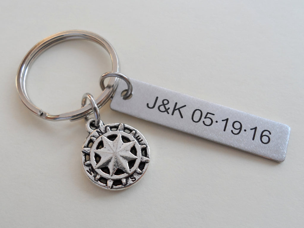 Custom Engraved Steel Tag and Small Compass Keychain - Couples Keychain, Appreciation Gift