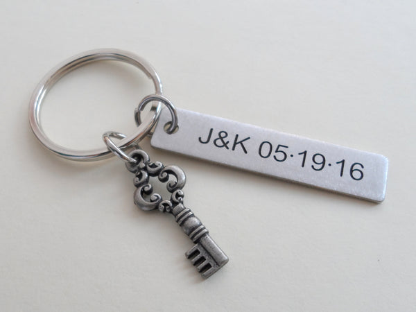 Custom Engraved Steel Tag with Small Key Charm Keychain - You've Got the Key to My Heart; Couples Keychain