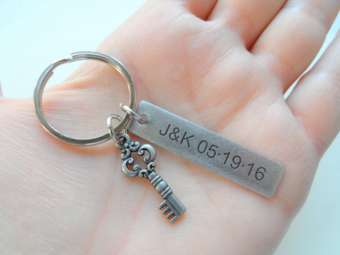 Custom Engraved Steel Tag with Small Key Charm Keychain - You've Got the Key to My Heart; Couples Keychain