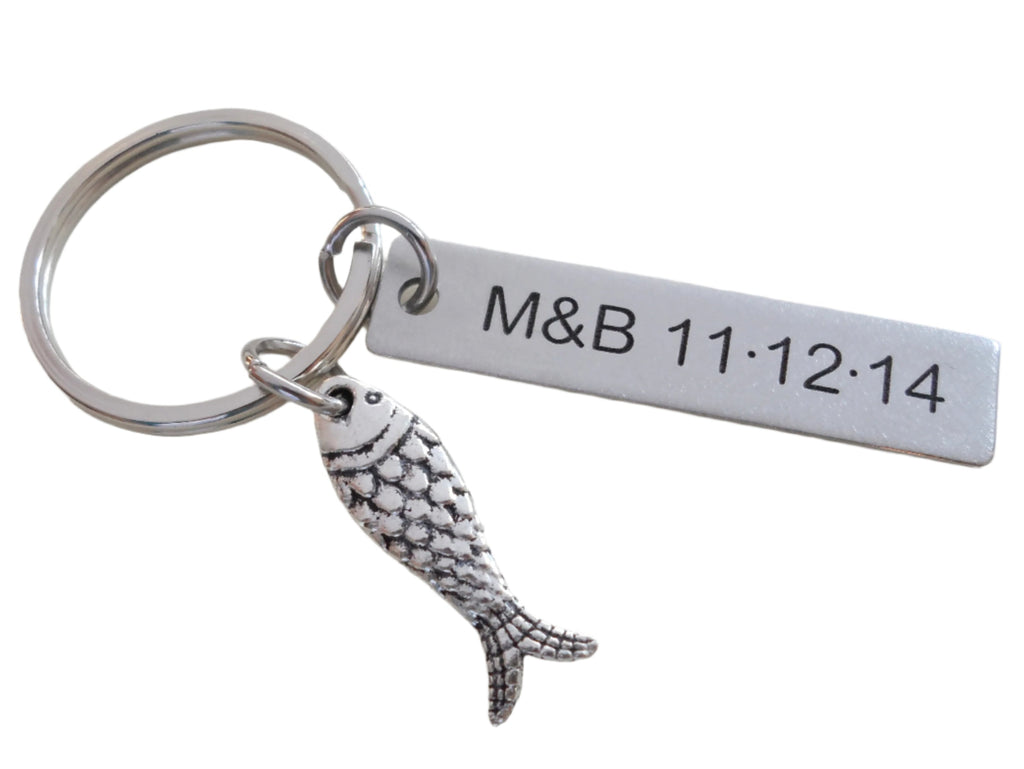 Stainless Steel Keychain Tag Custom Engraved with Fish Charm; Couples Keychain