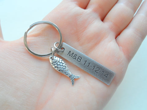 Stainless Steel Keychain Tag Custom Engraved with Fish Charm; Couples Keychain