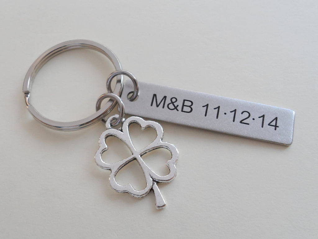 Custom Engraved Steel Tag Keychain With Clover Charm, Anniversary Gift