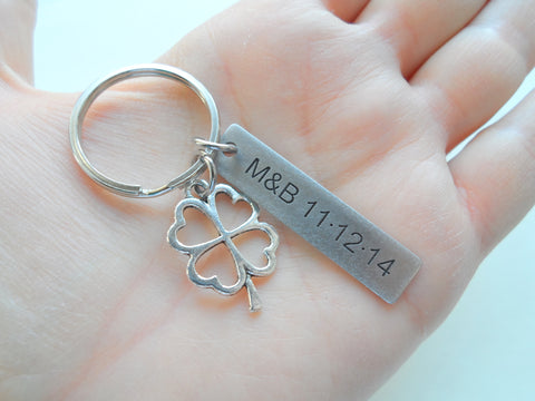 Custom Engraved Steel Tag Keychain With Clover Charm, Anniversary Gift