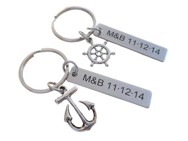 Small Ships Helm & Anchor Keychain Set - You Be My Anchor, I'll Keep You Afloat; Couples Keychain Set