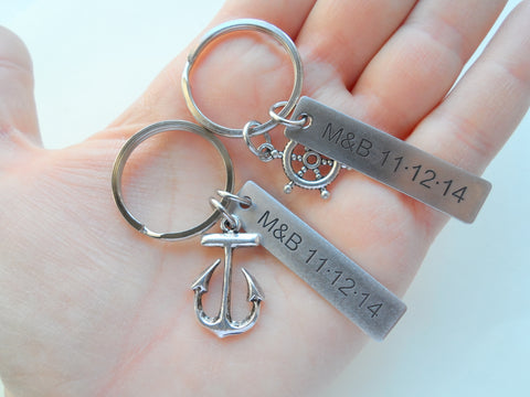Small Ships Helm & Anchor Keychain Set - You Be My Anchor, I'll Keep You Afloat; Couples Keychain Set