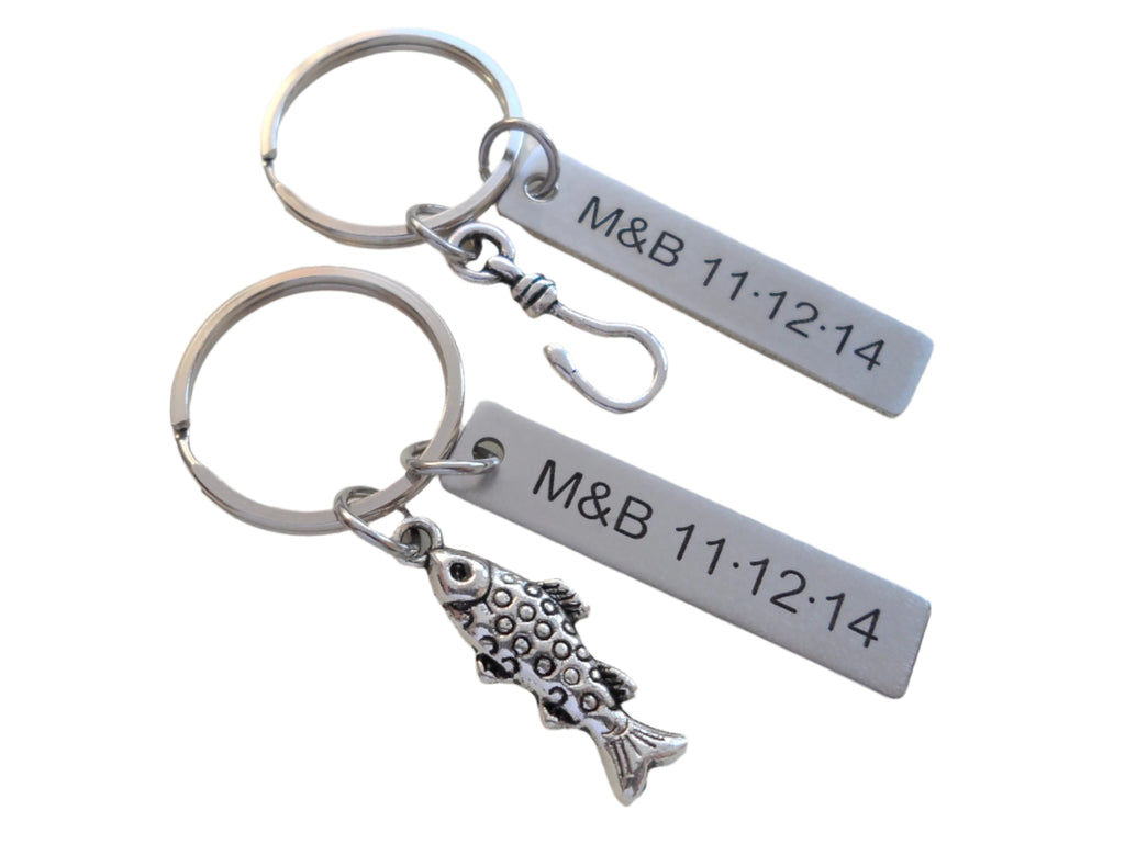 Spotted Fish and Hook Keychain Set Custom Engraved - A Great Catch, I'm Hooked on You; Couples Keychain Set