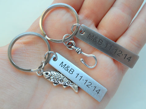 Spotted Fish and Hook Keychain Set Custom Engraved - A Great Catch, I'm Hooked on You; Couples Keychain Set