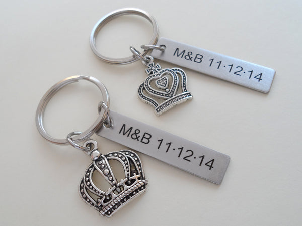 Silver Tone King and Queen Crown Keychain Set Custom Engraved - King & Queen; Couples Keychain Set