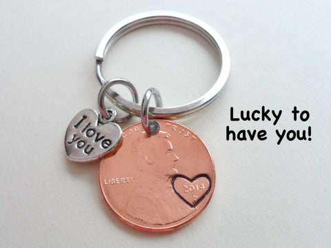 Personalized Penny Keychain Stamped with Heart Around the Year and Option to Add Initials, Includes I Love You Heart Charm