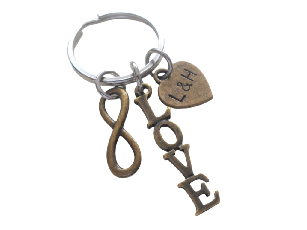 Bronze Infinity Symbol Keychain With Word Love Charm and Custom Engraved Tag - You and Me for Infinity; Couples Keychain