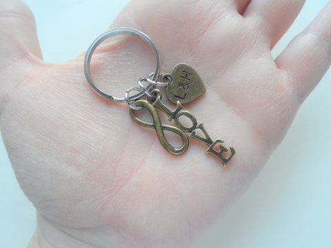 Bronze Infinity Symbol Keychain With Word Love Charm and Custom Engraved Tag - You and Me for Infinity; Couples Keychain