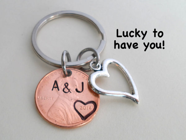 Anniversary Gift • Personalized Penny Keychain Stamped w/ Heart Around the Year & Initials w/ Anniversary Date & Heart Charm