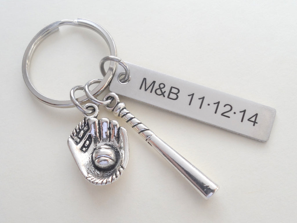 Baseball Bat and Baseball Mitt Charm Keychain and Steel Tag Custom Engraved, Baseball Fan Keychain Gift