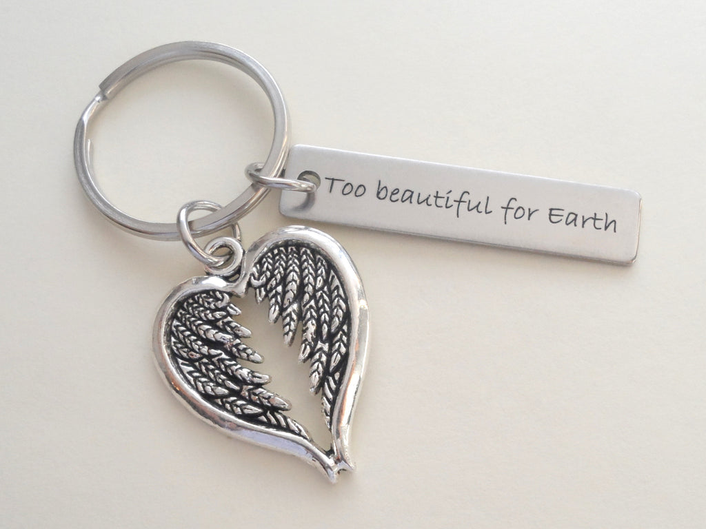 Wings Charm and Custom Engraved Steel Tag Keychain, Memorial Gift Keychain