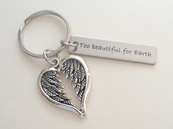 Wings Charm and Custom Engraved Steel Tag Keychain, Memorial Gift Keychain