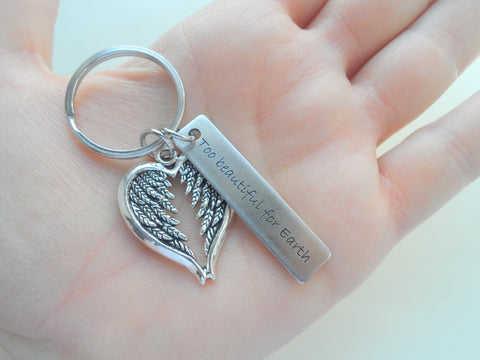 Wings Charm and Custom Engraved Steel Tag Keychain, Memorial Gift Keychain