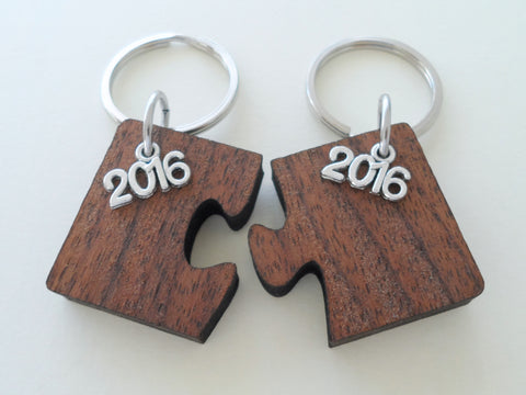 Custom Wood Puzzle Keychains with Year Charms, 5 Year Anniversary Gift, Husband Wife Key Chain, Boyfriend Girlfriend Gift, Customized Couples Keychain