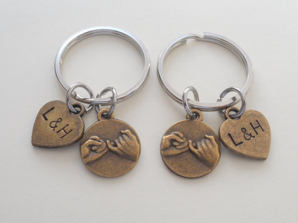 Double Bronze Pinky Promise Charm Keychains; Couple Keychains, Promise Gift Personalized