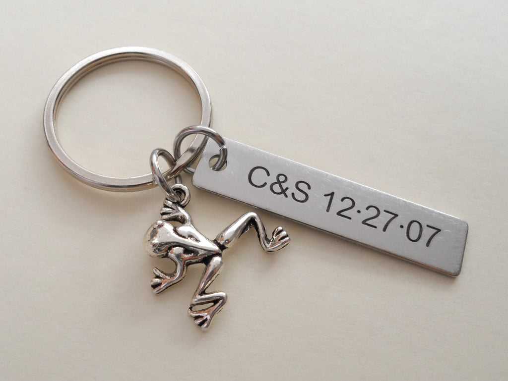 Frog Prince Keychain with Custom Engraved Stainless Steel Tag; Couples Keychain